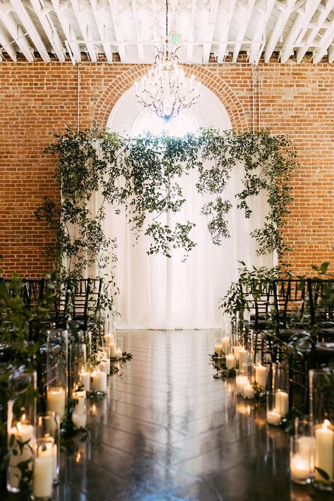 Greenery Ceremony Decor, Wedding Alter Backdrops, Wedding Arch Greenery Draping, Wedding Alter Greenery Ceremony Arch, Wedding Backdrop Greenery Lights, Industrial Wedding Arch, Indoor Wedding Ceremony Decor, Wedding Altar Decor, Modern Industrial Wedding Decor Ceremony Backdrop