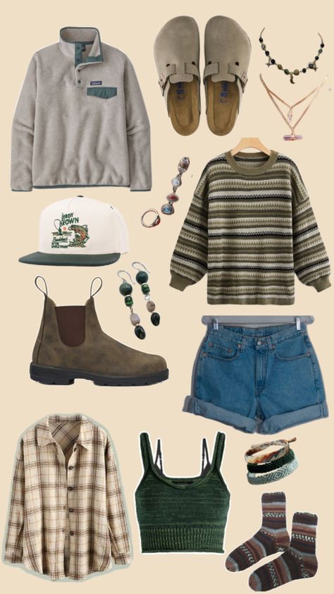 Granola girl aesthetic style outfits, patagonia synchilla fleece, jean shorts, blundstone boots, Birkenstock clogs, crystal jewelry, jem rings, granola socks, comfy socks, flannel shirt, green tank top, blundstone boots, national park themed hat, green sweater, Granola Girl Style, Granola Girl Outfit, Granola Girl Outfits, Personal Style Types, Granola Outfits, Cute Hiking Outfit, Earthy Outfits, First Aid Beauty, Granola Girl