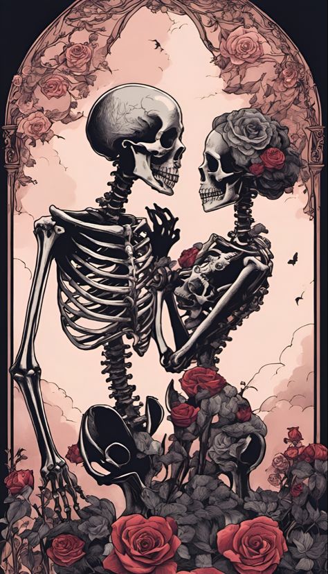 Tattoo art style drawing of two skeletons in love, hugging and covered in roses Two Skeletons In Love, Skeletons In Love, Two Skeletons, Icona Ios, Skeleton Love, Halloween Wallpaper Iphone Backgrounds, Witchy Wallpaper, Spooky Cute, Skeleton Art