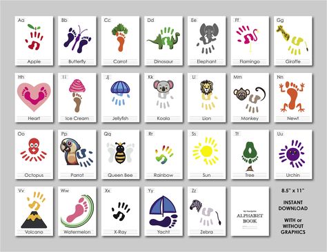 Kids Handprint & Footprint Alphabet 2 ways to have fun, with the premade graphics or DIY them yourself! Fun for all ages! Enjoy quality time with your little ones while creating memories with this handprint and footprint alphabet bundle! Perfect for at home or school or just something to do on a rainy day!  *No physical product will be shipped, this is a digital downloadable art print. 8.5 inches by 11 inches High resolution files. Now go on and enjoy the fun with your little ones! Less Alphabet Hand Print Art, Footprint Alphabet Art, Q Handprint Craft, Letter G Handprint Craft, I Handprint Craft, Alphabet Footprint Art, Abc Handprint Art Alphabet Book, August Handprint Art, Footprint Alphabet