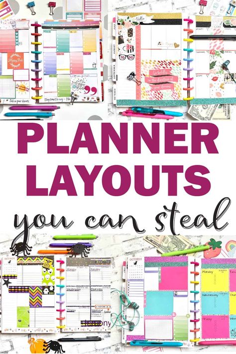 Planner layouts you can steal for your own Happy Planner with scrapbook papers, stickers, and post-it notes. Washi tape and ways to make a vertical planner into a super planner. | Planner Ideas Happy Planner Layout Ideas, Planner Layout Ideas, Happy Planner Printables, Diy Planner Notebook, To Do Planner, Planner Setup, Happy Planner Layout, Planner Layouts, Mini Planner