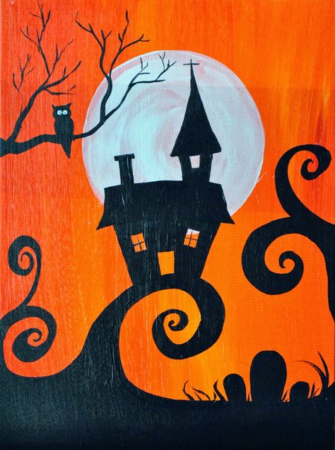 Art Sherpa Halloween Paintings, Painting Ideas On Canvas For Beginners Spooky, East Halloween Paintings, Easy Acrylic Painting Ideas Halloween, Halloween Painting Beginner, Halloween Painting For Beginners, Fall Halloween Canvas Painting, Easy To Paint Halloween Canvas, Hollowed Painting Ideas