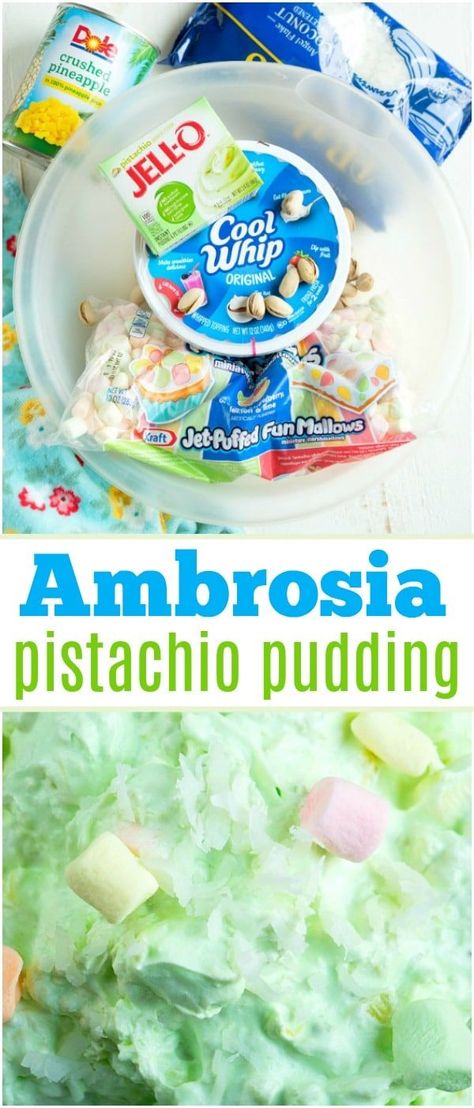 Pistachio pudding ambrosia is an amazing side dish or dessert! A cross between your favorite pistachio pudding and marshmallow ambrosia, you'll love it too. #pistachiopudding #ambrosia #dessert #marshmallow #pistachio #sidedish #thanksgiving via @pinteres Pistachio Marshmallow, Pistachio Ambrosia, Ambrosia Dessert, Dessert Marshmallow, Pistachio Desserts, Pistachio Dessert Pudding, Ambrosia Recipe, Jello Salads, Watergate Salad