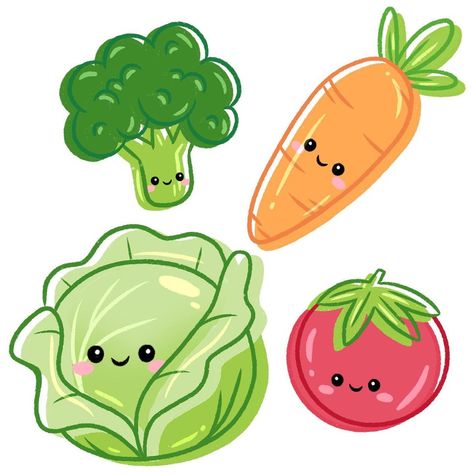 Vegetables Cute Drawing, Kawaii Vegetables Drawing, Cute Fruit And Vegetables Illustration, Cute Vegetables Cartoon, Cute Veggie Drawings, Cute Drawings Of Fruit, How To Draw Broccoli, Cartoon Fruit Drawing, Cute Vegetables Drawing