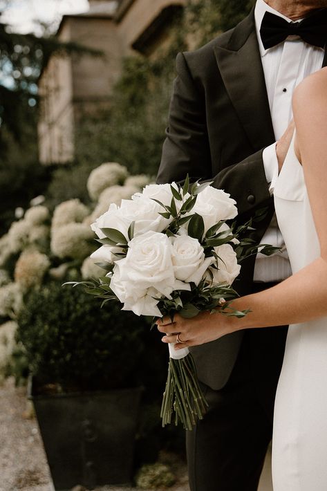 Reflexed White Garden Rose Italian Ruscus Bouquet Black Tie Tuxedo Wedding Foliage Bouquet, Simple Wedding Bouquets, Bridal Bouquet Flowers, White Bridal Bouquet, White Wedding Bouquets, White Bouquet, Wedding Mood, Bride Bouquets, Bridal Flowers