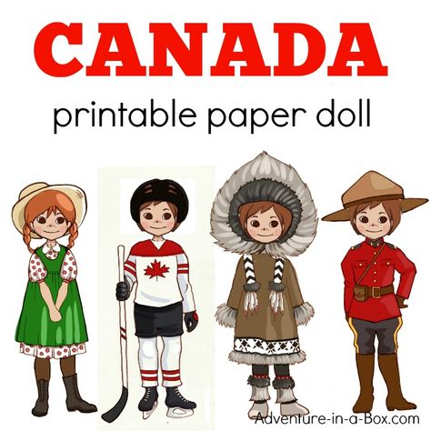 Get an introduction to Canadian culture for kids with these printable Canadian paper dolls! Four Canadian costumes include Anne of Green Gables, a hockey player, an Inuit and a Mountie. Canadian Dress, Canadian Costume, Canada Culture, Emotions Printable, Canada For Kids, Costume Ideas Diy, Canada Day Crafts, All About Canada, Paper Doll Printable Templates