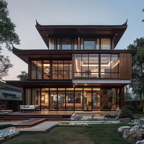 A modern Chinese-style house with large windows and a wooden deck overlooking a peaceful backyard Chinese Exterior Design, Japanese Houses Modern, Modern Contemporary Mansion, Deck In Backyard, Japanese Modern Architecture, Modern Chinese Architecture, Chinese Style House, Chinese Modern Architecture, Asian Style House