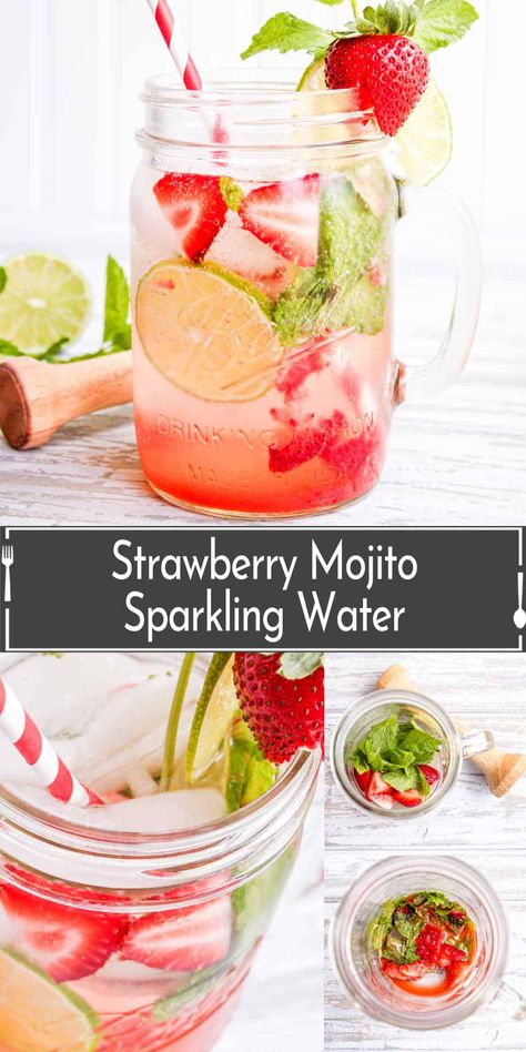 This easy strawberry mojito mocktail is a delicious infused sparkling water recipe made with fresh strawberries, mint, and club soda. Enjoy this refreshing summer drink recipe all year long! Fresh and bubbly, this Strawberry Mojito is a mocktail that has all of the flavors of a mojito in bubbly sparkling water. Strawberry Mojito Mocktail, Strawberry Mocktail, Fun Coffee Drinks, Sparkling Water Recipes, Fruit Water Recipes, Sparkling Water Drinks, Summer Drink Recipe, Mint Margarita, Mint Drink