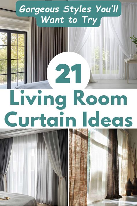 From airy sheers to bold patterns, explore 21 gorgeous curtain ideas that will make your living room feel cozy and stylish! #HomeDecor #LivingRoomIdeas #CurtainStyles #InteriorDesign #WindowTreatments #CurtainIdeas Sheer Panels Curtains Ideas, Window Treatments Next To Fireplace, Windows Next To Fireplace Curtains, Home Decor Ideas Curtains, Floor To Ceiling Drapes Living Room, Living Room Sliding Glass Door Curtains, Curtains With White Couch, Long Curtain Ideas For Living Room, Curtains Living Room Large Window