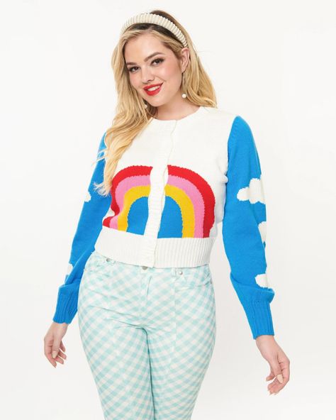 Smak Parlour Rainbow Clouds Cardigan | Sidecca Plus Size Pastel Outfits, 1960s Cardigan, Rainbow Clothing, Rainbow With Clouds, Plus Size Cardigan, Rainbow Clouds, Space Outfit, Rainbow Outfit, Pastel Outfit