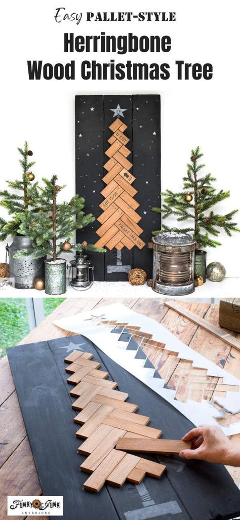 Create an easy Herringbone wood Christmas tree sign, pallet-style! - Funky Junk Interiors Wooden Handmade Christmas Tree, Making Wood Christmas Trees, Herringbone Christmas Tree, Diy Xmas Wood Projects, Wood Projects Holidays, Pallet Christmas Trees Diy, Wood Christmas Tree Display, Wood Xmas Decor, Wood Board Christmas Crafts