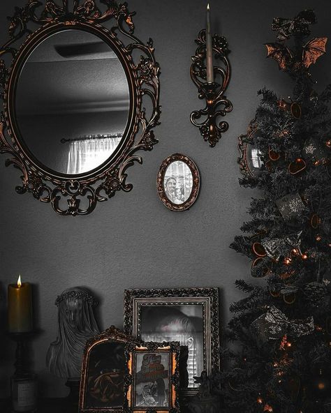 Gothic Decor | Reposted• @ttrickorrtreatt Victorian gothic creepmas! 🦇 . . . . . . . . . #goth #gothicgallerywall #halloween #gothicstyle #gothic… | Instagram Gothic Instagram, Gothic House Decor, Gothic Gallery Wall, Victorian Gothic Home Decor, Victorian Christmas Decorations, Goth Christmas, Gothic Christmas, Spooky Home Decor, Creepy Christmas