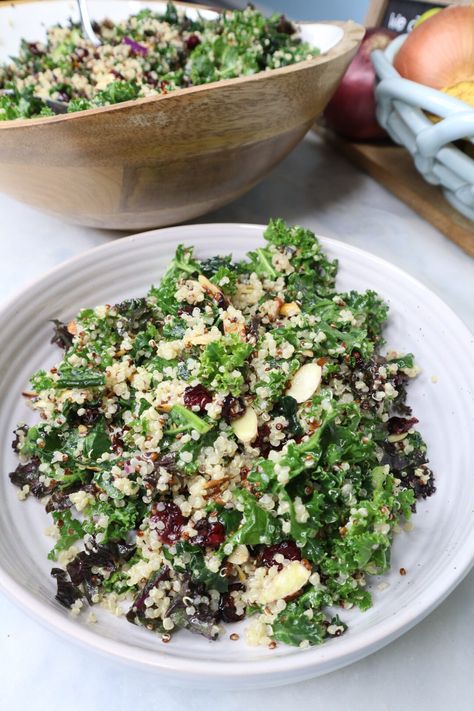 Cranberry, Almond & Quinoa Kale Salad - Cooking Katie Lady Quinoa Cranberry Salad, Kale Salad With Quinoa, Quinoa Kale Salad, Quinoa Chickpea Salad, Recipe Kale, Parmesan Crusted Zucchini, Salad With Quinoa, Health Meals, Quinoa Kale