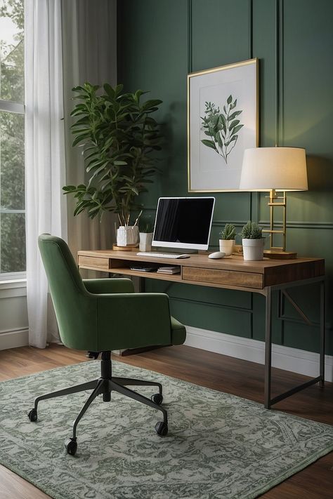 sage green and white cozy home office set the scene wi 1 Office Ideas Green And Gold, Office Decor Sage Green, Sage Green Home Office Ideas, Sage Green Office Decor, Home Office Ideas Green, Green Office Room, White And Green Office, Sage Green Study, Sage Green Office Ideas