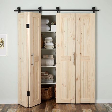 Rollup Doors Interior, Articulating Barn Door, Wide Barn Door Closet, Modern Barn Doors Sliding Closet, Office Closet Doors, Barnwood Bifold Closet Doors, Options For Bifold Doors, Bathroom With Storage Closet, Barn Door Folding Doors