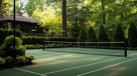 Private Tennis Court Backyard With Tennis Court, Backyard Sports Court Landscaping, Residential Tennis Court, Tennis Court Home, Tennis Court Fence, House With Tennis Court, Home Tennis Court, Backyard Tennis Court, Tennis Court Backyard