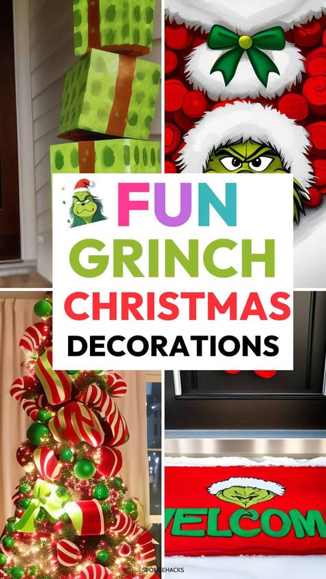 Snag These Fun Grinch Christmas Decorations (For the Apartment) - Sponge Hacks Whoville Christmas Decorations Diy Decorating Ideas, Who Ville Decorations Christmas Ideas, Grinch Christmas Decorations Whoville, Grinch Outdoor Christmas Decorations, Whoville Christmas Decorations Diy, Grinch Door Decorations, Whoville Houses, Grinchmas Decorations Diy, Grinch Yard Decorations