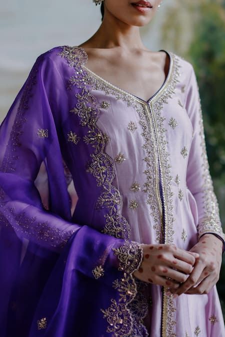 Buy Jigar Mali Purple Chanderi Floral Embroidered Anarkali Jacket Set Online | Aza Fashions Anarkali Jacket, Plazzo Designs, Lavender Jacket, Eye Embroidery, Floral Anarkali, Purple Suit, Pakistani Clothes, Indian Designer Suits, Purple Suits