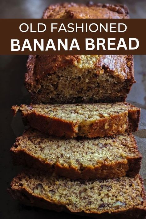 Looking for a classic banana bread recipe that is moist and full of flavour? This is Grandmas easy recipe that is perfect for breakfast, brunch or a healthy snack. This is not an eggless banana bread, it uses overripe bananas, butter, walnuts and sugar like old fashioned banana bread. A gluten-free dessert it is  perfect for everyone. Banana recipes. Gluten free desserts. Gluten free baking. Banana bread recipe moist.  #quickbread #grandmas English Banana Bread Recipe, Banana Bread Old Fashioned, Basic Banana Bread Recipe, Starbucks Banana Bread Recipe Moist, Home Made Banana Bread Recipe, Unbelievably Moist Banana Bread, Banana Bread Recipe With Oats, Organic Banana Bread Recipe, Banana Bread Recipe Dairy Free