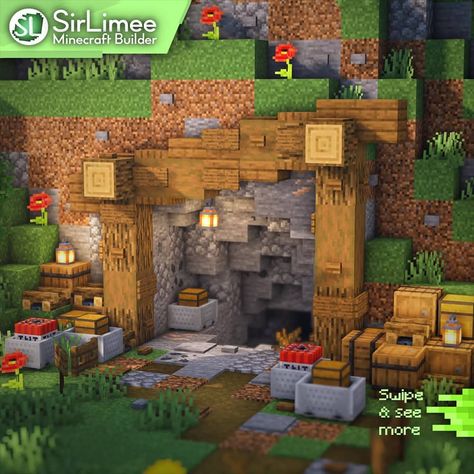 SirLimee | Minecraft Builder on Instagram: “Mine Entrance design ⛏ this one is inspired by @artic.uno_mc, i really like the style Follow me for more builds ~ Like and share with…” Minecraft Empty Space Ideas, Upgraded Village Minecraft, Mining Entrance Minecraft, Smelting Area Minecraft, Minecraft River Bridge, Minecraft Mine Entrance Ideas, Minecraft Cave Entrance, Minecraft Mine Entrance, Minecraft Market