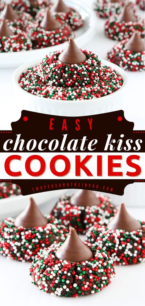 Chocolate Kiss Cookies, Christmas cookies, Christmas treats Chocolate Thumbprint Cookies Recipe Hershey's Kisses, Christmas Cookie With Hershey Kiss, Herseys Chocolate Kiss Cookies, Christmas Cookies Hershey's Kisses, Chocolate Cookie With Hershey Kiss, Chocolate Candy Cane Kiss Cookies, Hersey Kiss Cookies Christmas, Chocolate Blossom Cookies Holidays, Hersheys Kisses Recipes