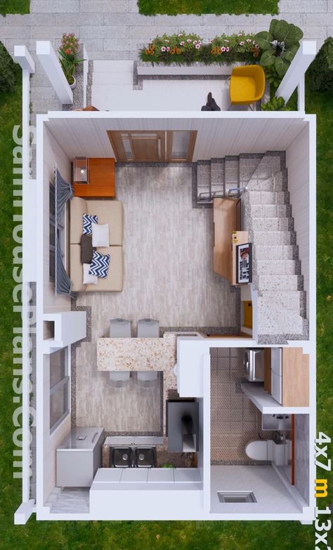 Small Duplex Interior Design, Tiny Duplex House Design, House Interior For Small House, Small House With Loft Bedroom, Small House Modern Interior, Mini Duplex House Design, Home Minimalist Small Houses, Tiny Duplex House Plans, Small Townhouse Design