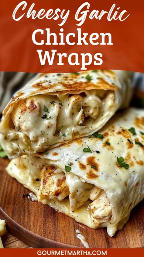 Craving a quick, cheesy delight? These Cheesy Garlic Chicken Wraps are the perfect combination of savory chicken, melted cheese, and garlic goodness. Easy to make and packed with flavor, they’re sure to become a household favorite. Surprise your taste buds – full recipe inside! #CheesyChickenWrap #GarlicChickenWrap #ChickenRecipes #EasyDinner #WrapRecipes #CheesyWraps #GarlicLovers #QuickMeals #EasyWraps #FamilyFavorite #DinnerIdeas #ChickenWraps #CheeseRecipes Cheesy Garlic Chicken, Soft Tortillas, Quick Delicious Dinner, Chicken Wrap Recipes, Chicken Wrap, Savory Chicken, Chicken Wraps, Chicken Dishes Recipes, Garlic Chicken