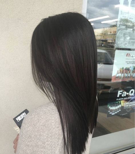 Black Color Haircuts, Black Hair With Dimension Straight, Dark Brown Hair Medium Length Straight, Mid Black Hair, Dark Haircut Ideas, Express Blowout, Dark Hair With Dimension, Haircut Dark Hair, Dark Brunette Hair Color