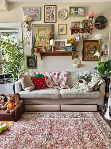 Small Shelf Above Couch, Different Style Living Rooms, Friends Aesthetic Apartment, Maximalist Gallery Wall Living Room, Collage Wall With Shelves, Living Room Renter Friendly, Cozy Girly Living Room, Chic Cozy Living Room, Whimsical Minimalist Decor