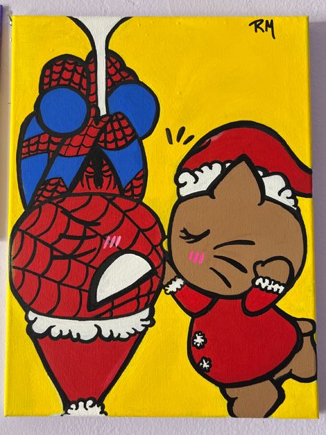 Spiderman Christmas Drawing, Hello Kitty X Spiderman, Spiderman And Hello Kitty, Hello Kitty And Spiderman, Spider Man Christmas, Spiderman Christmas, Spiderman Painting, Christmas Spider, Beach Icon