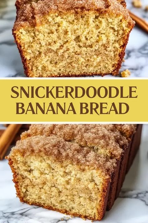 This Snickerdoodle Banana Bread recipe is a fun twist on a classic! With a soft, moist banana bread base and a crackly cinnamon-sugar topping, it's the perfect treat for any time of day. Whether you're making it for breakfast, a snack, or dessert, this recipe is easy to follow and uses simple ingredients you probably already have on hand. Try it today and share your delicious results with friends and family! #bananabread #snickerdoodlebananabread #easyrecipe What To Cook For Dinner, Snickerdoodle Bread, Moist Pumpkin Bread, Homemade Breads, Moist Banana Bread, Num Num, Bread Recipes Sweet, Quick Bread Recipes, Sweet Breads