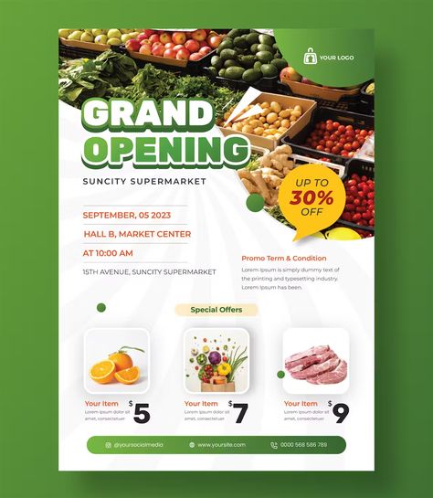 Supermarket Flyer Template AI, EPS Grocery Store Flyer Design, Supermarket Poster Design, Supermarket Poster, Supermarket Flyer, Grocery Store Flyers, Grocery Flyer, Store Flyers, Digital Advertising Design, Social Media Branding Design