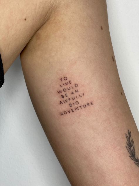 Peter Pan Small Tattoo Ideas, Disney Peter Pan Tattoo, Peter Pan Quote Tattoo, Disney Unique Tattoos, Disney Tattoos Aesthetic, Subtle Peter Pan Tattoo, Small Disney Quote Tattoos, Comfort Tattoo Ideas, Tiny Peter Pan Tattoo