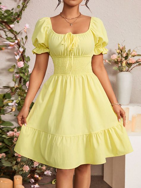 SHEIN Privé Women's Puff Sleeve Waist-Cinched DressI discovered amazing products on SHEIN.com, come check them out! Yellow Dress Cheap, Yellow Short Dress, Cute Yellow Dress, Yellow Dress Casual, Cute Yellow Dresses, Pink Purple Dress, Grad Pics, Yellow Blouse, Puffed Sleeves Dress