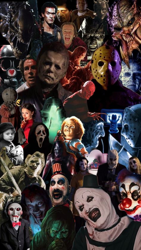 Movie Character Wallpaper, Movie Collage, Halloween Wallpaper Iphone Backgrounds, Horror Movies Funny, Halloween Wallpaper Cute, Scary Movie Characters, Horror Pictures, Scary Wallpaper, Halloween Horror Movies