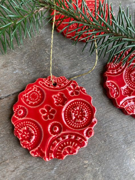 Handmade Red Lace Ceramic Ornament 3 Christmas Ornaments | Etsy Stamping Clay Ornaments, Xmas Ceramics, Christmas Ornaments Pottery, Christmas Pottery, Clay Christmas Decorations, Christmas Decorations Centerpiece, Leather Christmas, Ceramic Christmas Decorations, Red Christmas Ornaments