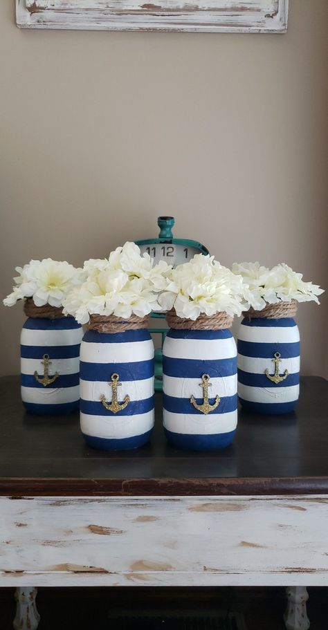 Nautical Baby Shower Boy, Nautical Centerpiece, Baby Shower Nautical, Nautical Decor Diy, Sailor Baby Showers, Shark Baby Shower, Railing Designs, Sailor Theme, Seashell Wind Chimes