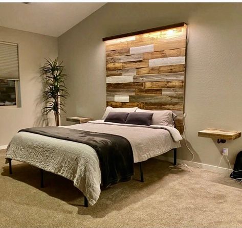 Tall wall headboard reclaimed modern rustic wood king queen with lightbar by LavinderLullabies on Etsy Wood Plank Headboard Wall, Full Wall Headboard Wood, Gray And Wooden Bedroom, Shiplap Headboard With Lights, Wall Mount Headboard Ideas, Wall Mounted Headboard Ideas Wood, Bed Attached To Wall, Led Headboard Diy, Wood Headboard Bedroom Ideas