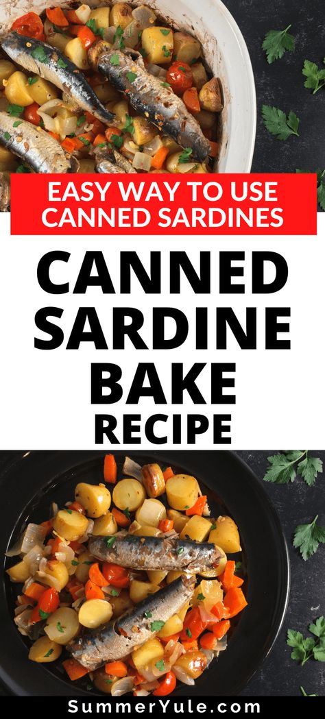 Wondering how to cook canned sardines? Try my delicious baked canned sardines recipe! This roasted canned sardine bake is packed with ingredients you probably already have in the pantry. Whether you’re a sardine lover or not, you’ll love how tinned fish adds depth and briny flavor to this simple casserole dish. Learn how long to bake canned sardines, get nutrition info, and more! #glutenfree #lowcalorie #dinner #healthy #sardines Can Sardines Recipes, Tinned Sardine Recipes, Canned Sardines Recipes Ideas, Recipes Using Canned Sardines, Sardines Recipes Canned, Baked Sardines, Canned Sardines Recipes, Sardine Recipes Canned Easy, How To Eat Canned Sardines