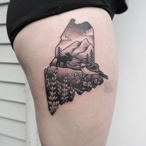 Black Door Tattoo (@blackdoorportland) on Instagram: “Maine by @myleskimball” Maine Tattoos, Maine Tattoo Ideas, Maine Outline, Cabin Tattoo, Tattoo Future, Maine Tattoo, Cali Tattoo, Thigh Tats, Door Tattoo