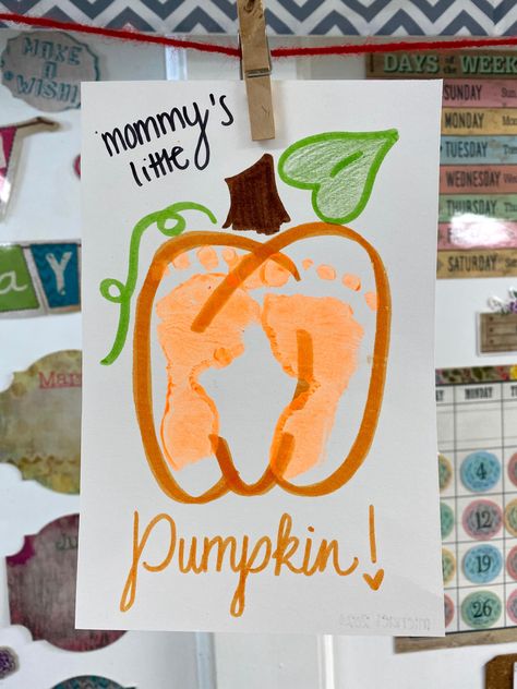 Pumpkin Craft Infants, Footprint Art Ideas, Pumpkin Footprint Art For Infants, September Arts And Crafts For Infants, Orange Infant Crafts, Fall Art Activities For Infants, Family Art For Infants, Footprint Crafts Halloween, Pumpkin Feet Prints