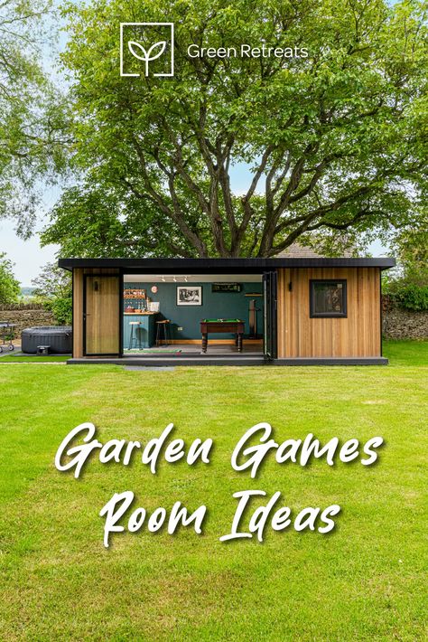 Outdoor Gameroom Ideas, Garden Games Room And Bar, Outdoor Games Room Ideas, Rustic Garden Room Ideas, Garden Design With Outbuilding, Large Garden Room Ideas, Teenage Garden Hangout, Garden Games Room Ideas, Garden Room With Shed