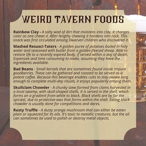 Tavern Food, Fantasy Tavern, Fantasy Food, Dungeon Master's Guide, Writing Fantasy, Dnd Dragons, Dnd 5e Homebrew, Food Favorites, D&d Dungeons And Dragons