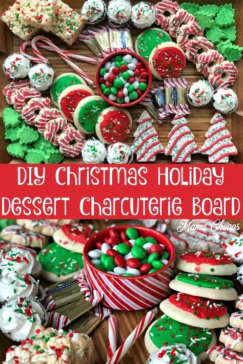 Charcuterie boards are so on trend right now and for good reason!  They are pretty to look at and they offer a big selection of treats and foods to your party guests. Check out t his easy DIY green and red Christmas holiday dessert charcuterie board that we put together for our Christmas party. Candy, cupcakes, cookies and more!  Easy step by step tutorial! #dessert #charcuterie #christmas #mamacheaps Holiday Dessert Charcuterie Board, Christmas Dessert Charcuterie, Christmas Dessert Charcuterie Board, Dessert Charcuterie Board Ideas, Dessert Charcuterie Board, Dessert Charcuterie, Holiday Desserts Christmas, Charcuterie Board Ideas, Decorações Com Comidas