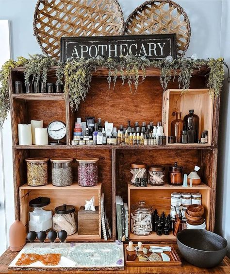 Herbal Tea Display, Wooden Apothecary Cabinet, Witch Craft Storage, Starting Your Own Apothecary, Apothecary Sunroom, Witchy Kitchen Cabinets, Witch Supplies Storage, Witchy Store Display, Boho Apothecary Decor