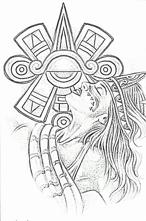 Aztec Tattoo Designs Stencil, Aztec Tattoo Stencils, Aztec Art Drawings, Aztec Flash Art, Aztec God Drawing, Mexican Aztec Warrior Tattoo, Concept Tattoo, Aztec Drawing, Aztec Symbols