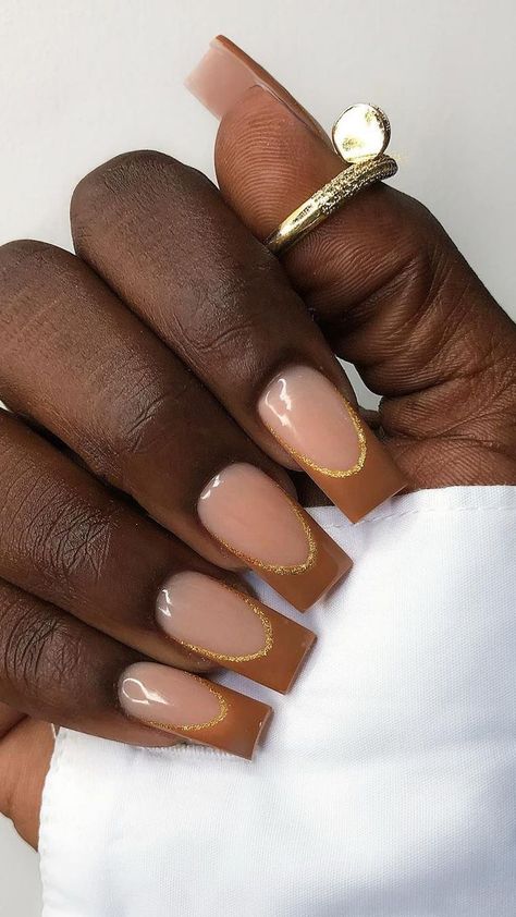 15 Neutral French Manicure Ideas, From Cream to Chocolate Brown French Tip With Gold, Brown And Gold French Tip Nails, Fall French Manicure Ideas, French Tip Base Color, Millennial Nails, Wine French Tip Nails, Neutral French Manicure, Square Gel Nails Fall, Fall French Manicure Designs