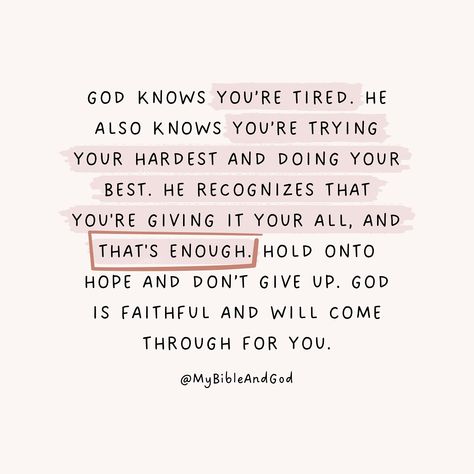 God sees all your struggles, honors your efforts, and will bring relief and triumph. When you go through the darkest period of your life, keep moving forward, keep pushing, and don’t give up. You are stronger than you think you are because God is your strength. Hold on to hope and don’t give up! — Psalm 138:8: “The Lord will fulfill his purpose for me; your steadfast love, O God, endures forever.” — Isaiah 41:10: “Fear not, for I am with you; be not dismayed, for I am your God; I will stren... God Is With You Quotes Strength, God Will Help You Quotes, God Is On The Move, Words Of Encouragement Scripture, Biblical Healing Quotes, God Will Give You Strength, Uplifting Motivational Quotes, How God Sees You, Christian Encouragement Quotes Strength