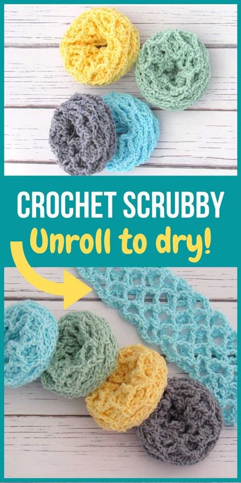 Make these crochet scrubbies in place of your dishcloths and you will never look back. You will love this free pattern for your kitchen. They don't just look cute but are very functional too. Once you wash your dishes, you can unroll them to wash and dry. How cool is that? Don't forget to make a few for gifts too. #crochetscrubbies, #crochetscrubbiesfreepattern, #crochetdishcloth, #crochetforkitchen, #crochet#howtocrochetscrubbie Capricorn Crochet, Grammy Gifts, Scrubby Yarn Crochet, Crochet Scrubby, Scrubbies Crochet Pattern, Scrubby Yarn, Crochet Scrubbies, Crochet Easter, Dishcloth Crochet Pattern