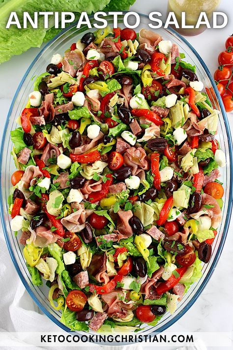 Antipasto Salad Easy to make Antipasto Salad is exploding with so many delicious flavors and textures, making this the tastiest Keto salad you'll ever eat! #ketosalad #lowcarbsalad #bestsaladrecipes #antipasto #antipastosalad Pasta Salad For Christmas Party, Bucca Di Beppo Antipasto Salad, Antipasto Christmas Wreath, Healthy Antipasto Salad, Chopped Antipasto Salad, Antipasto Platter Salad, Anti Pasto Salad, Vegetarian Antipasto Salad, Italian Antipasto Salad Recipes